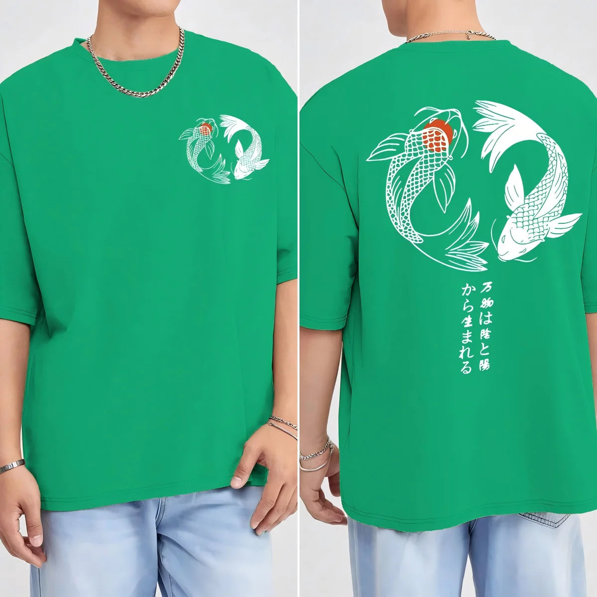 Japanese Koi Harajuku Illustration Pattern T-Shirt Men Summer Casual T Shirt Soft Fashion Short Sleeve Loose Cotton Sportswear