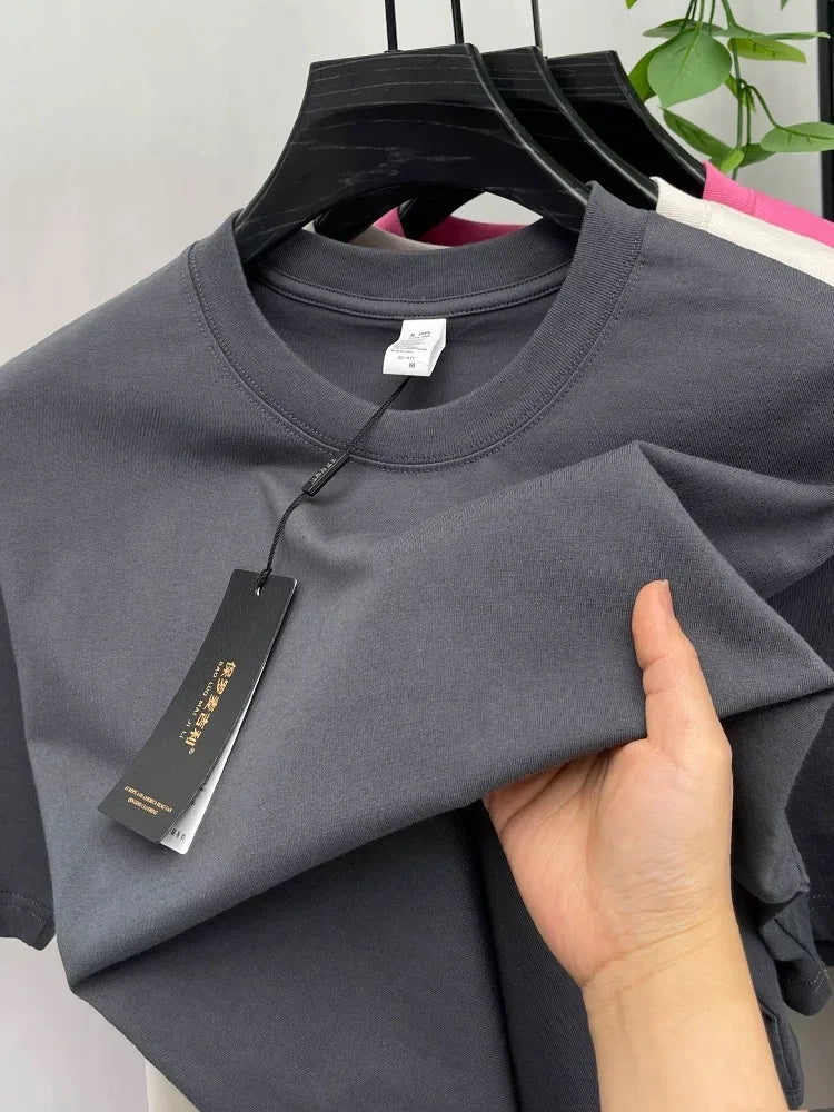 High end 100% cotton short sleeve T-shirt men summer new casual trend couple style loose solid color breathable round neck top