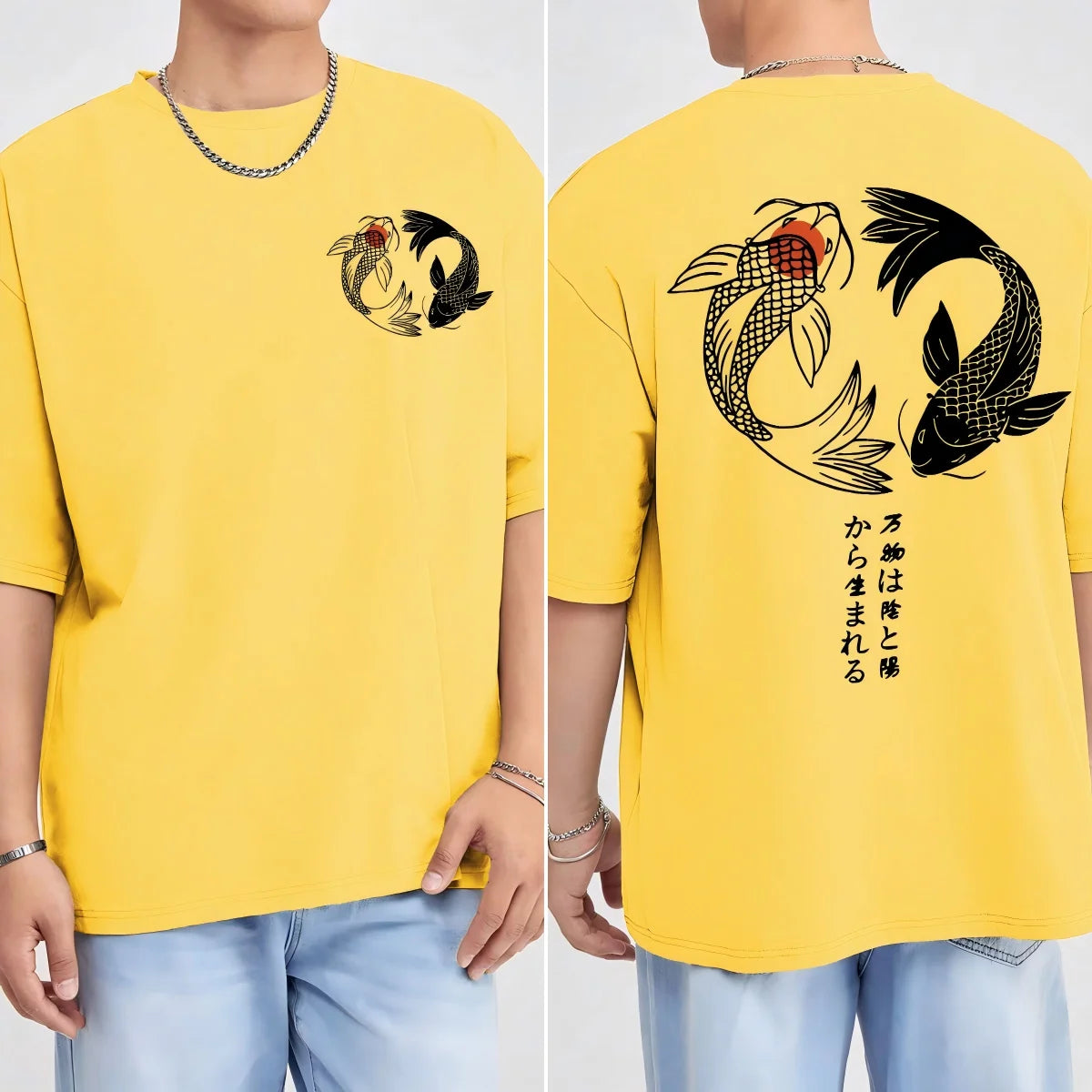 Japanese Koi Harajuku Illustration Pattern T-Shirt Men Summer Casual T Shirt Soft Fashion Short Sleeve Loose Cotton Sportswear
