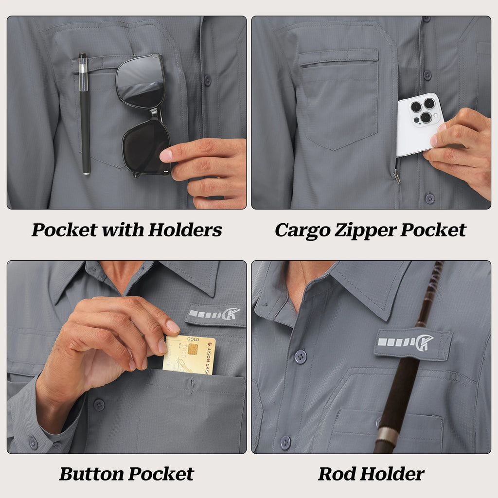 Summer Men's UPF 50+ Casual Long Sleeve Fishing Shirts, Lightweight Tactical Button Down Shirt with Breathable Back Mesh