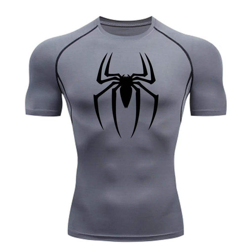 2024Men's Spider Print Compression Shirt, Quick Dry T-Shirt, Gym Running Jersey, Breathable Short Sleeve, Spring, Summer, M-3XL