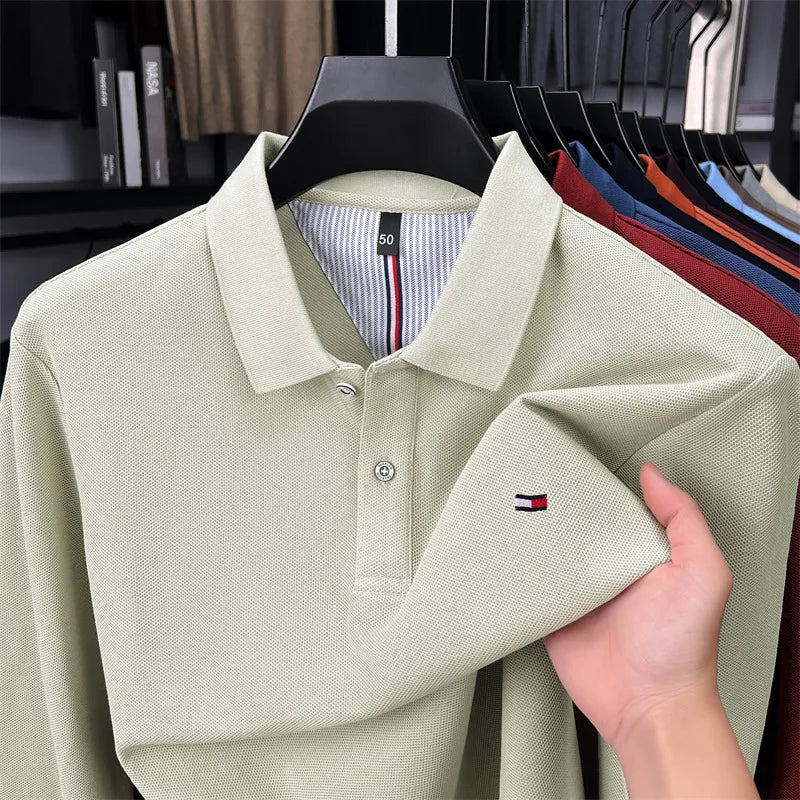 Exquisite Embroidered 100% Cotton Men's Polo Shirt High End Brand Autumn Business Trend Long Sleeve Lapel T-shirt Men's Clothing