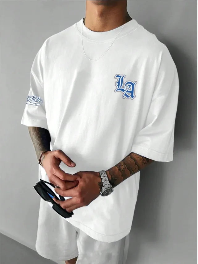 LA Letter Print Casual Graphic T-Shirt Short Sleeve Sports Women's T-shirt Unisex Casual Daily Wear Summer Men's Racing T-shirt