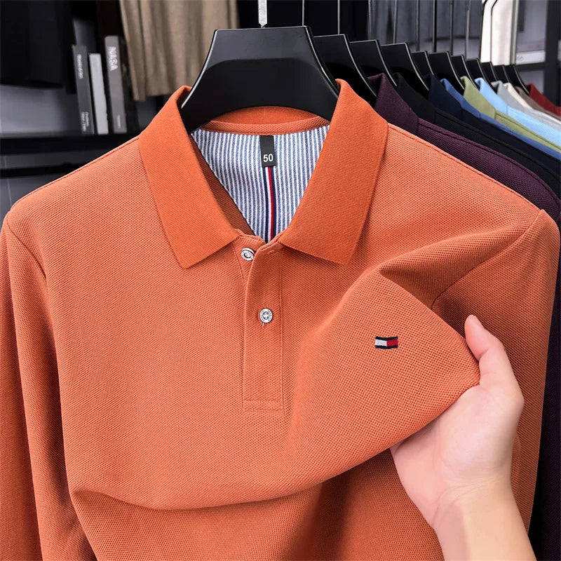 Exquisite Embroidered 100% Cotton Men's Polo Shirt High End Brand Autumn Business Trend Long Sleeve Lapel T-shirt Men's Clothing