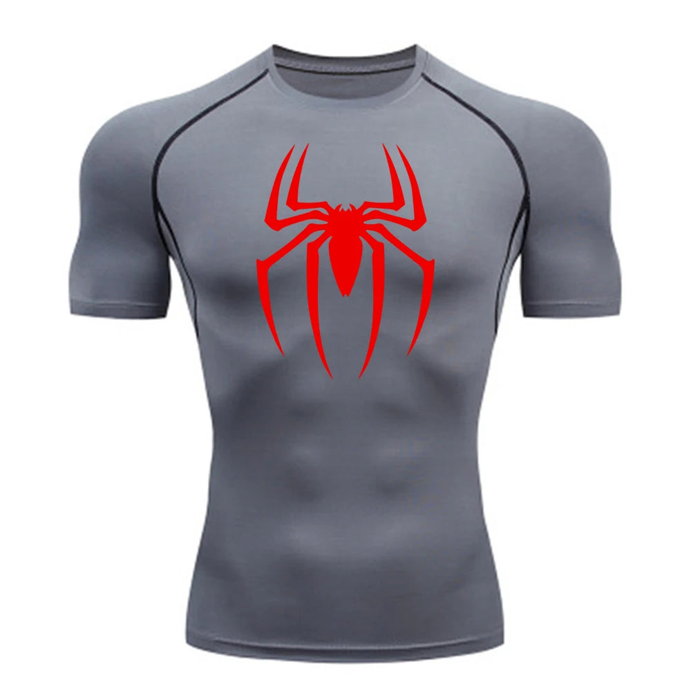 2024Men's Spider Print Compression Shirt, Quick Dry T-Shirt, Gym Running Jersey, Breathable Short Sleeve, Spring, Summer, M-3XL