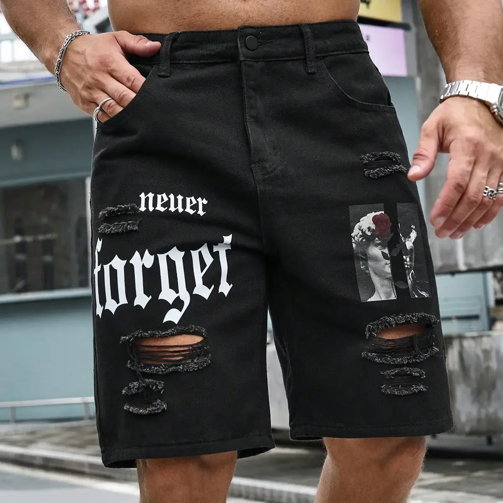Men Summer Stretchy Denim Shorts Jeans For Men Streetwear Letter Ripped Knee length Baggy Comfort Cargo Casual Shorts Pants Jean