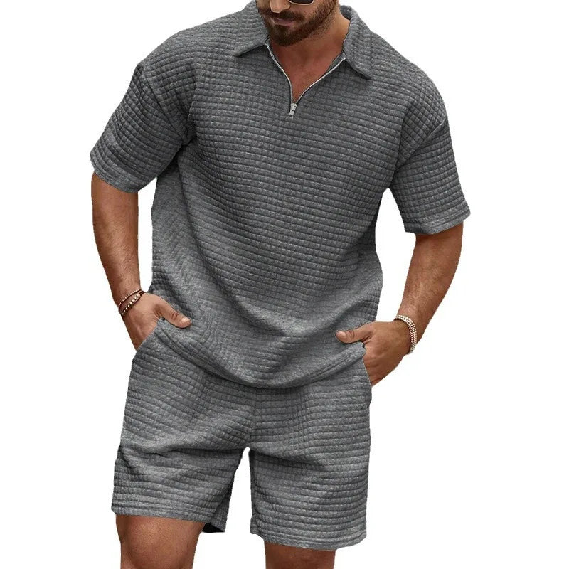 2024European and American Men's Spring and Summer Trends Youth Outdoor Lapel Small Plaid Short Sleeve Shorts Sports Suit