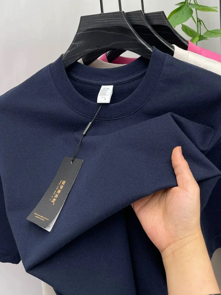 High end 100% cotton short sleeve T-shirt men summer new casual trend couple style loose solid color breathable round neck top