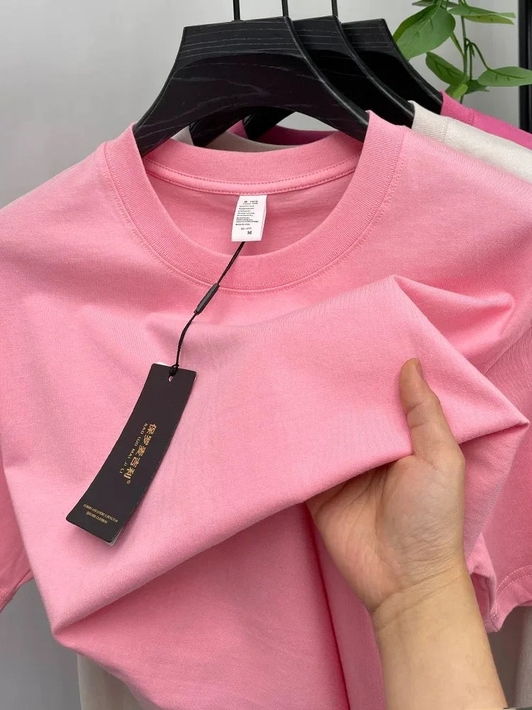 High end 100% cotton short sleeve T-shirt men summer new casual trend couple style loose solid color breathable round neck top