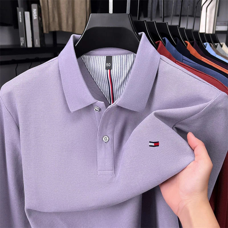 Exquisite Embroidered 100% Cotton Men's Polo Shirt High End Brand Autumn Business Trend Long Sleeve Lapel T-shirt Men's Clothing