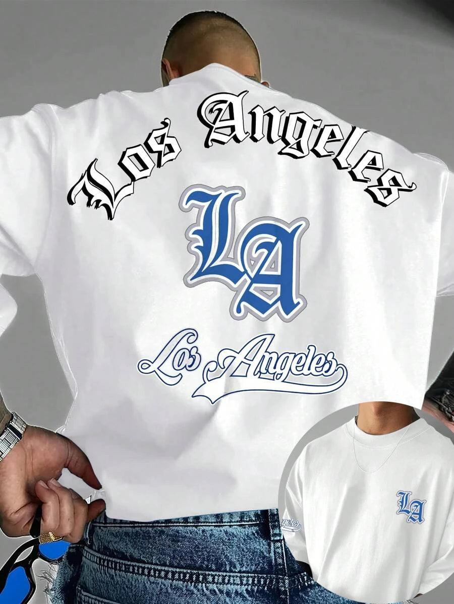 LA Letter Print Casual Graphic T-Shirt Short Sleeve Sports Women's T-shirt Unisex Casual Daily Wear Summer Men's Racing T-shirt