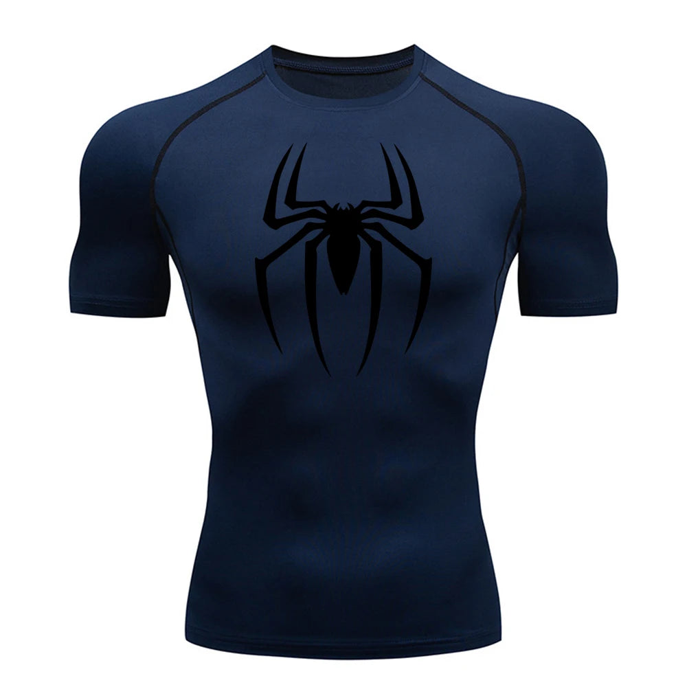 2024Men's Spider Print Compression Shirt, Quick Dry T-Shirt, Gym Running Jersey, Breathable Short Sleeve, Spring, Summer, M-3XL