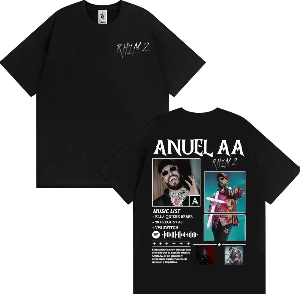 Rapper Anuel AA Rhlm 2 Album 2025 Tour T-shirts Men Women Fashion Hip Hop High Street T Shirt Cotton O-Neck Short Sleeve T-shirt