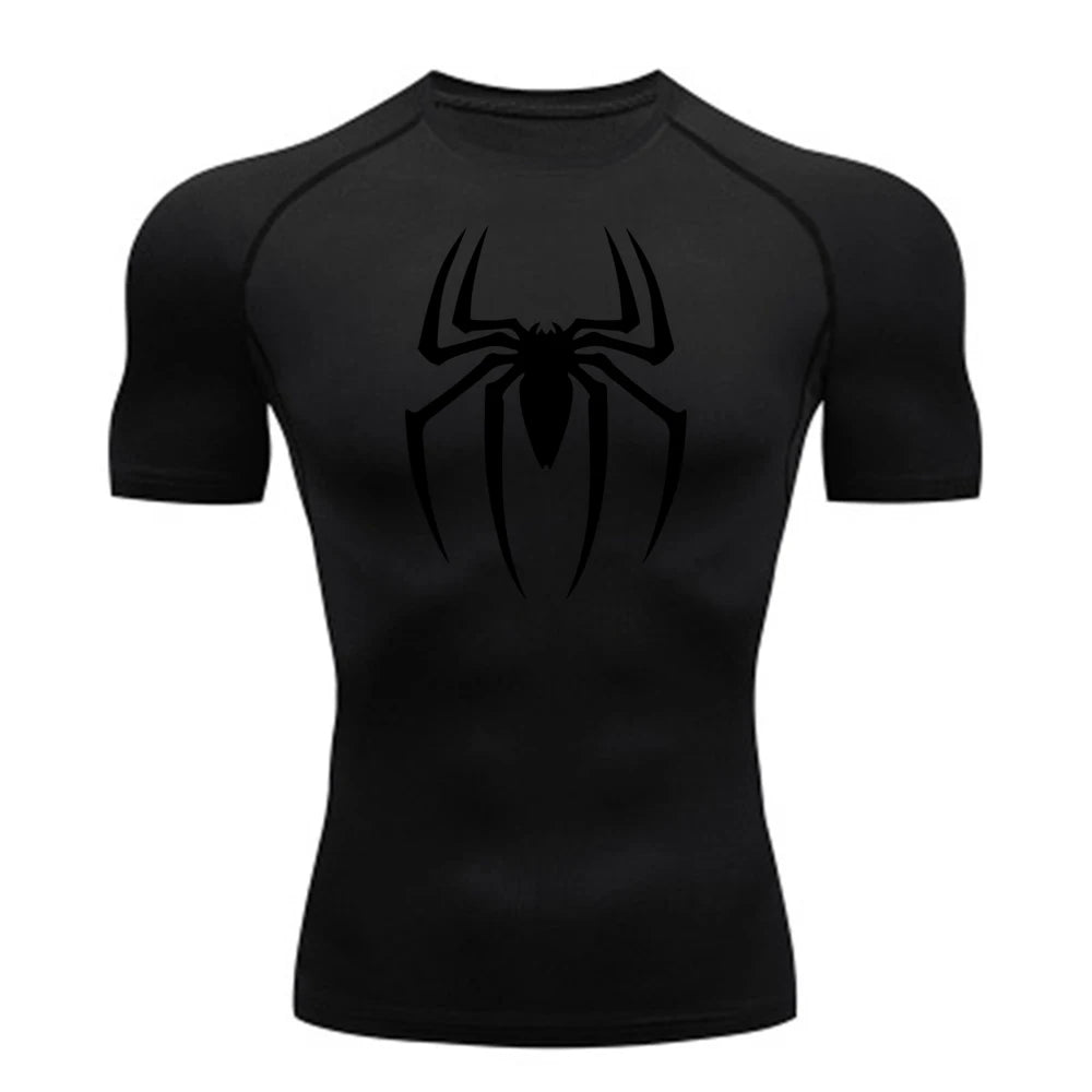 2024Men's Spider Print Compression Shirt, Quick Dry T-Shirt, Gym Running Jersey, Breathable Short Sleeve, Spring, Summer, M-3XL