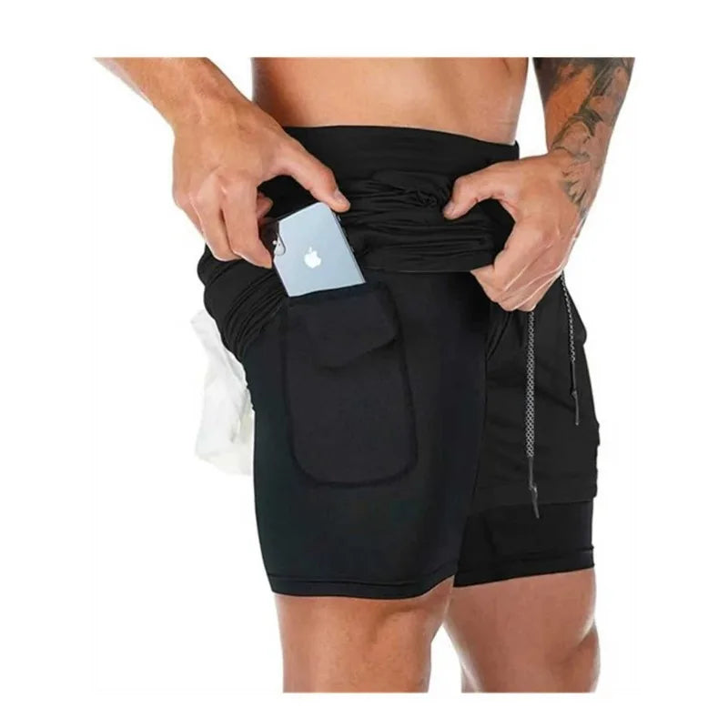 Camo 2-in-1 Running Shorts Men's Gym Fitness Training Quick Dry Short Pants Male Outdoor Sport Jogging Built-in Pocket Bermuda