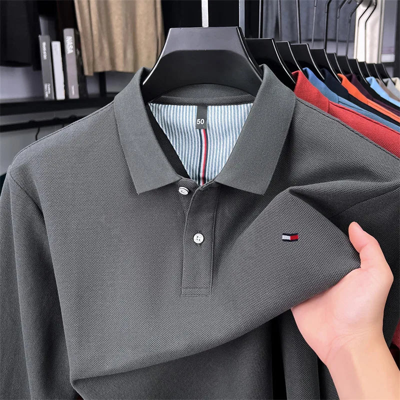 Exquisite Embroidered 100% Cotton Men's Polo Shirt High End Brand Autumn Business Trend Long Sleeve Lapel T-shirt Men's Clothing