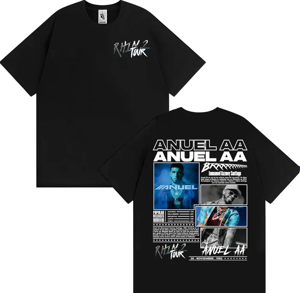 Rapper Anuel AA Rhlm 2 Album 2025 Tour T-shirts Men Women Fashion Hip Hop High Street T Shirt Cotton O-Neck Short Sleeve T-shirt