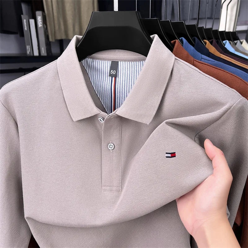 Exquisite Embroidered 100% Cotton Men's Polo Shirt High End Brand Autumn Business Trend Long Sleeve Lapel T-shirt Men's Clothing