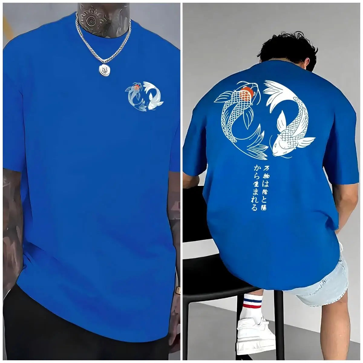 Japanese Koi Harajuku Illustration Pattern T-Shirt Men Summer Casual T Shirt Soft Fashion Short Sleeve Loose Cotton Sportswear