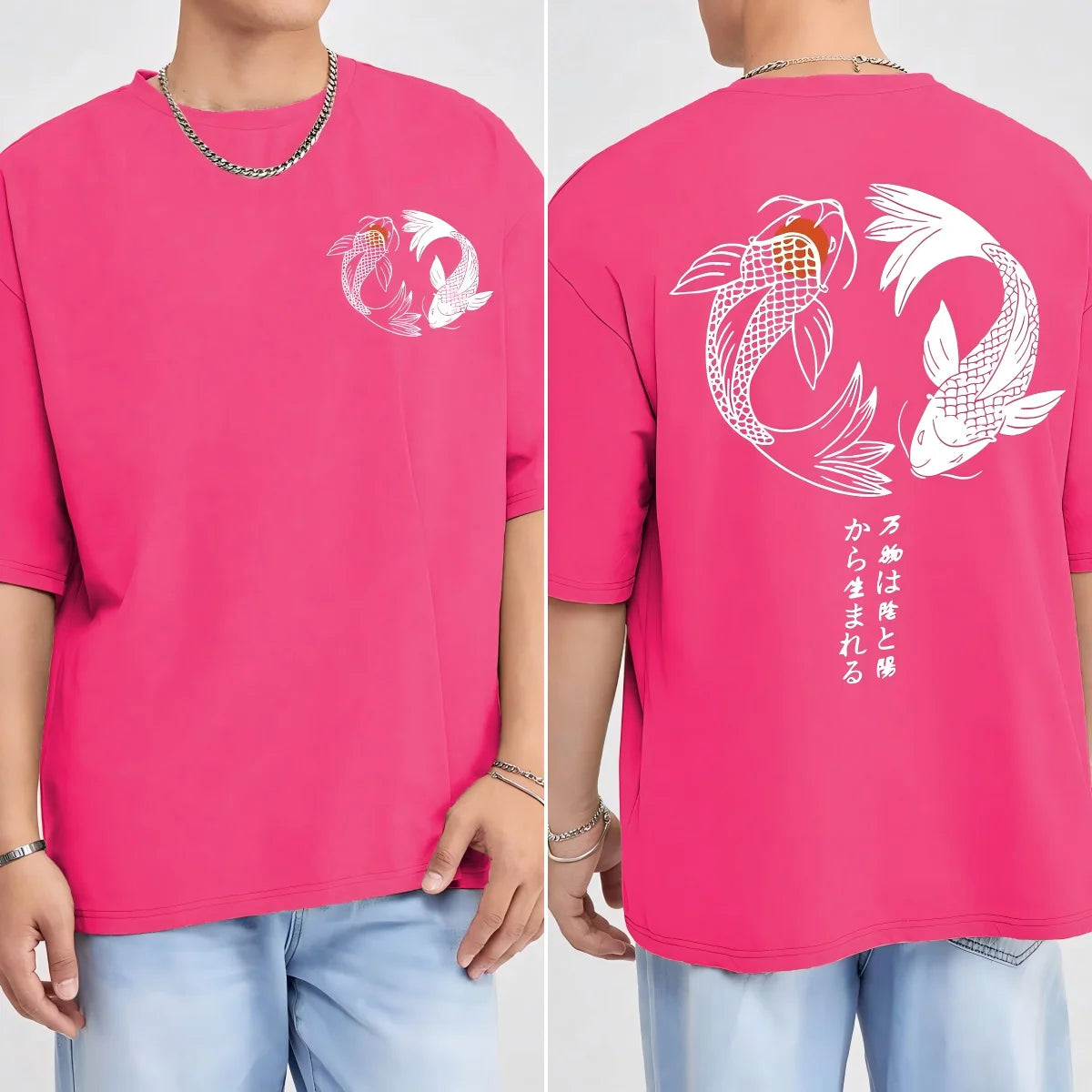 Japanese Koi Harajuku Illustration Pattern T-Shirt Men Summer Casual T Shirt Soft Fashion Short Sleeve Loose Cotton Sportswear