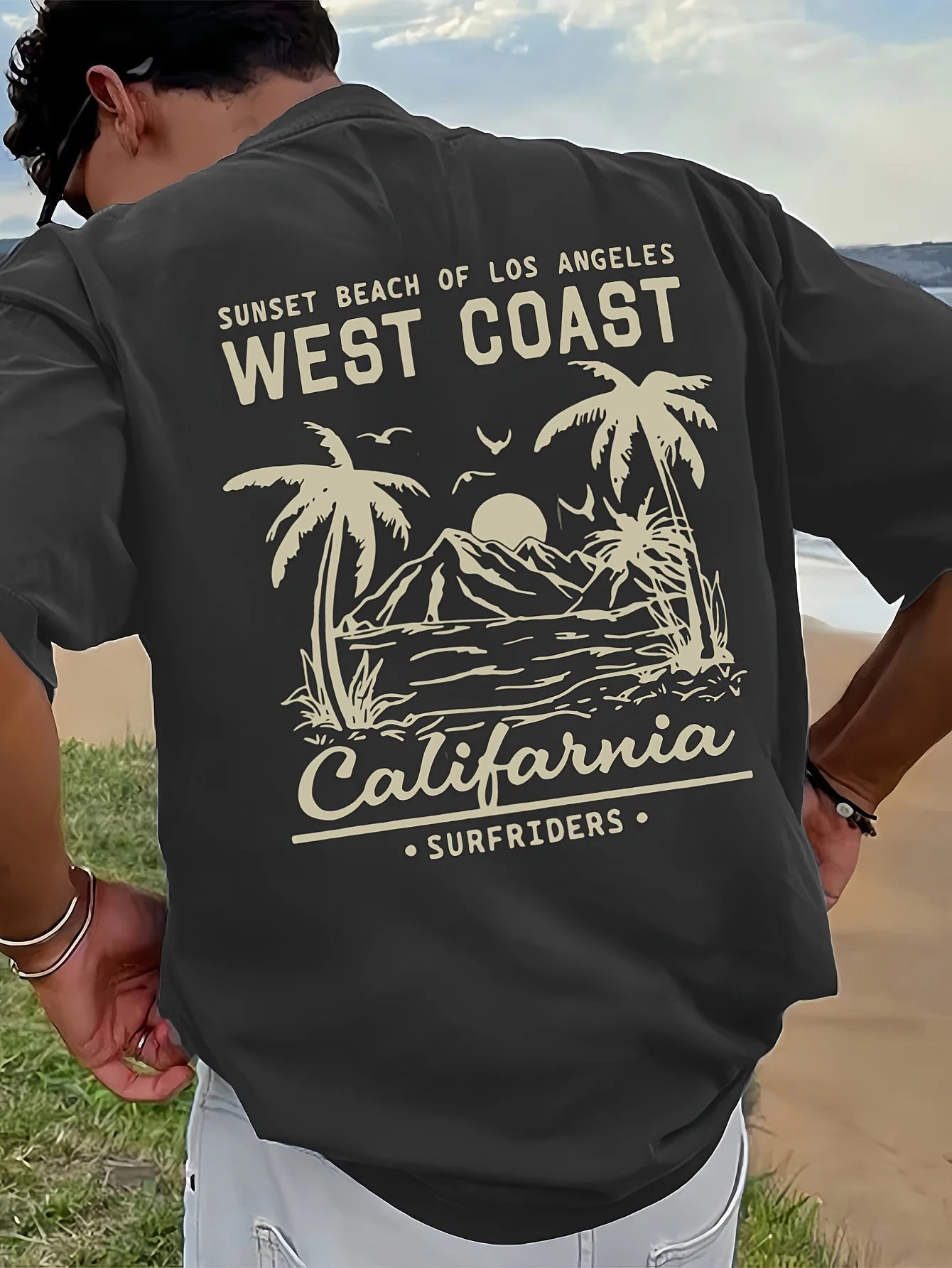 Summer Men's Cotton Vintage California Beach Graphic T-Shirt Sunset West Coast Surf Design Short Sleeve Round Neck Casual Tee