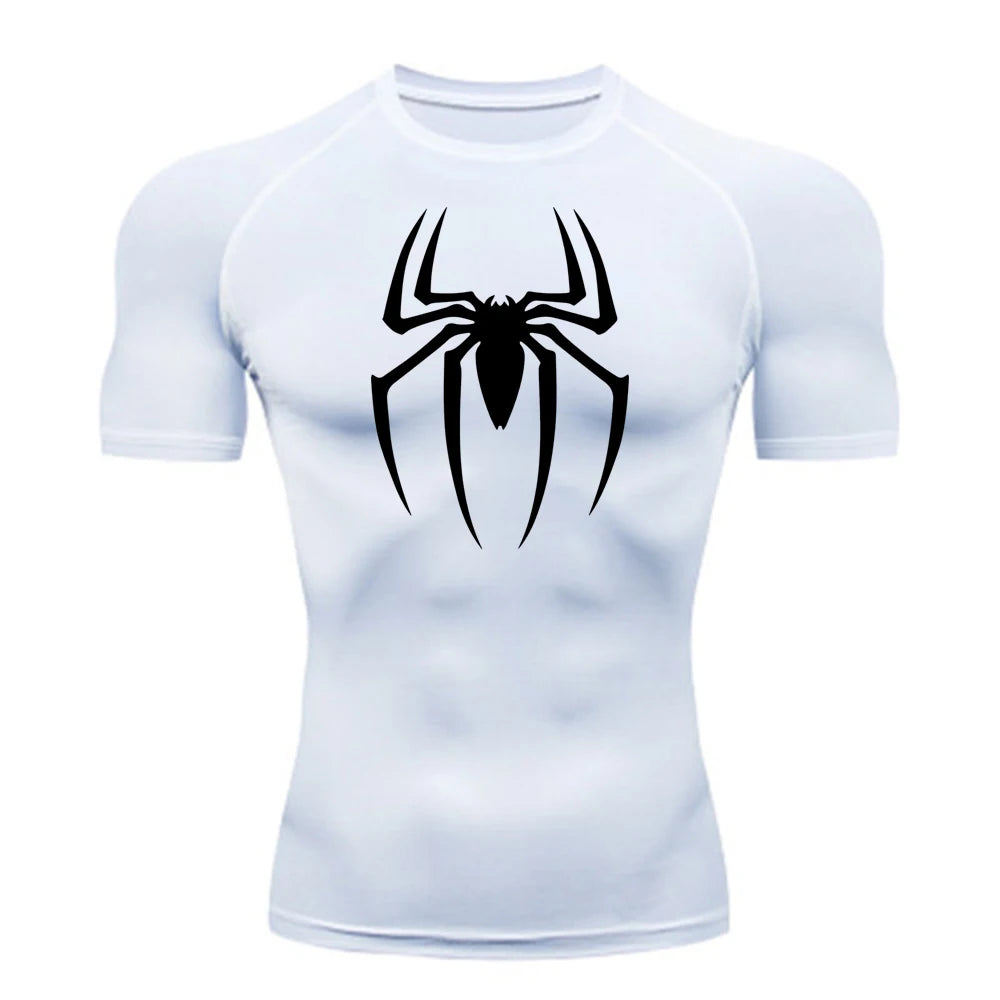 2024Men's Spider Print Compression Shirt, Quick Dry T-Shirt, Gym Running Jersey, Breathable Short Sleeve, Spring, Summer, M-3XL