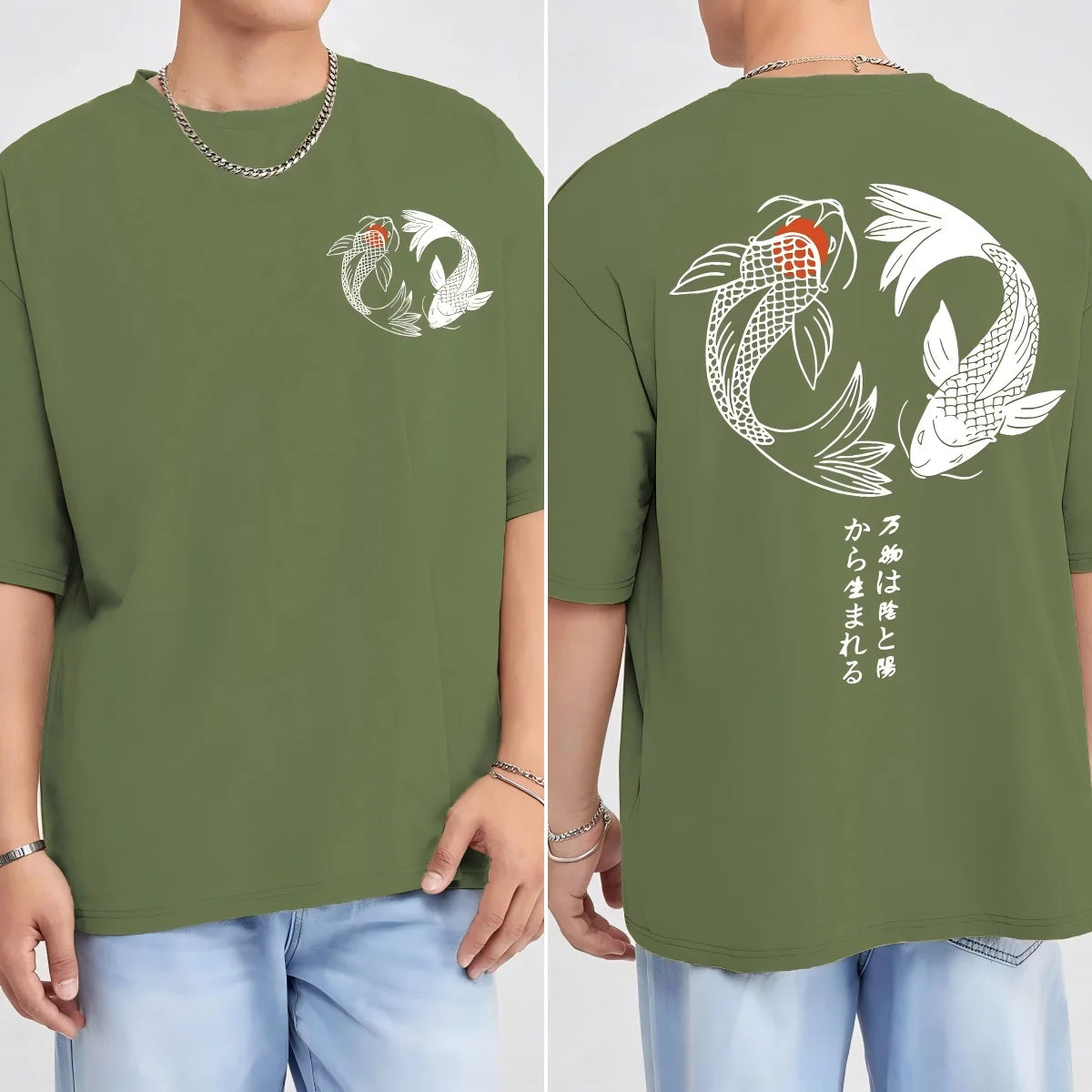 Japanese Koi Harajuku Illustration Pattern T-Shirt Men Summer Casual T Shirt Soft Fashion Short Sleeve Loose Cotton Sportswear