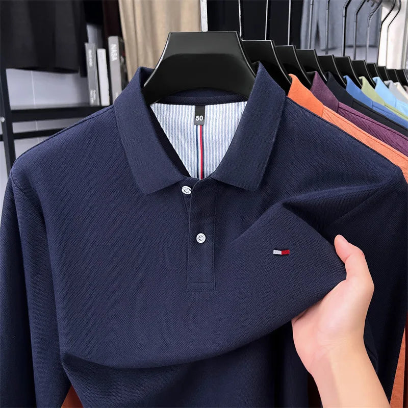 Exquisite Embroidered 100% Cotton Men's Polo Shirt High End Brand Autumn Business Trend Long Sleeve Lapel T-shirt Men's Clothing