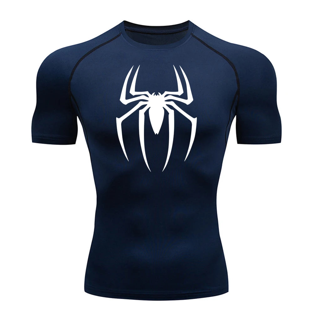 2024Men's Spider Print Compression Shirt, Quick Dry T-Shirt, Gym Running Jersey, Breathable Short Sleeve, Spring, Summer, M-3XL