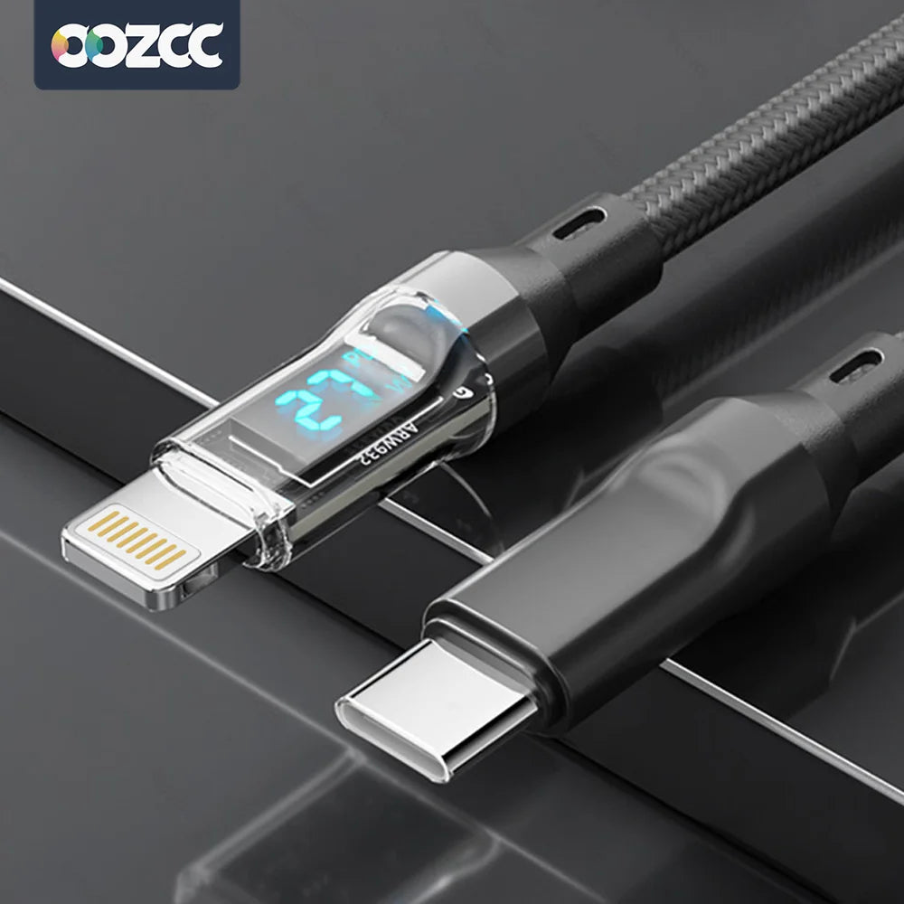 PD 27W Fast Charge Cable LCD Display Transparent Shell Data Transfer, USB A Type-C to Lightning Cord for iPhone 14 Pro Max/13/12