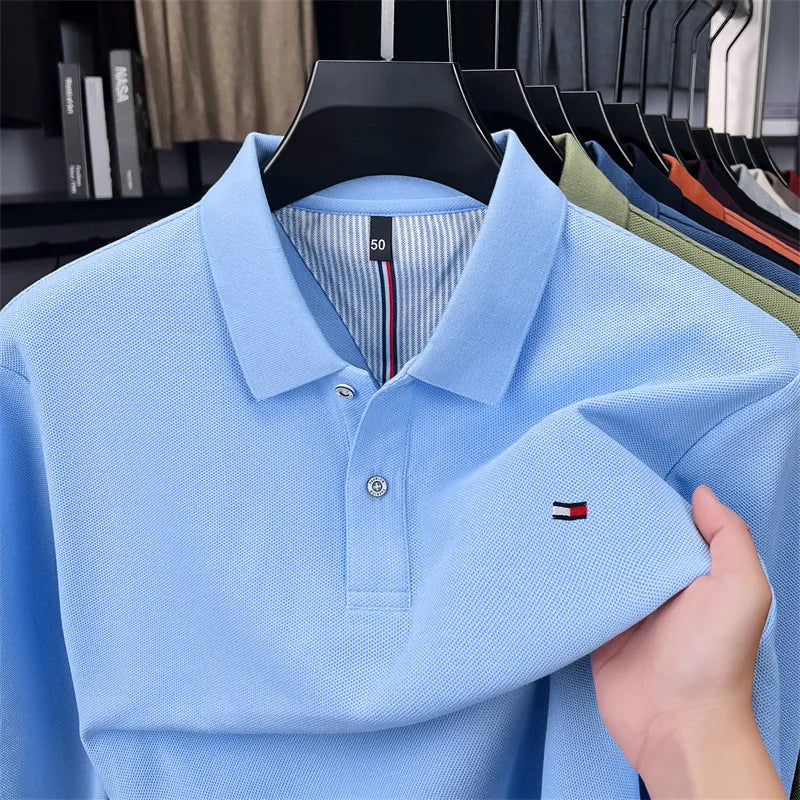 Exquisite Embroidered 100% Cotton Men's Polo Shirt High End Brand Autumn Business Trend Long Sleeve Lapel T-shirt Men's Clothing