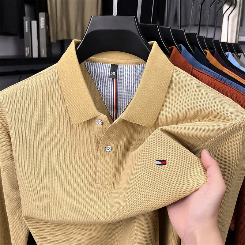 Exquisite Embroidered 100% Cotton Men's Polo Shirt High End Brand Autumn Business Trend Long Sleeve Lapel T-shirt Men's Clothing