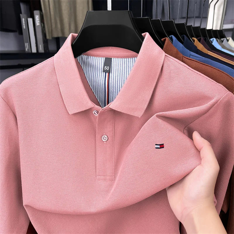 Exquisite Embroidered 100% Cotton Men's Polo Shirt High End Brand Autumn Business Trend Long Sleeve Lapel T-shirt Men's Clothing