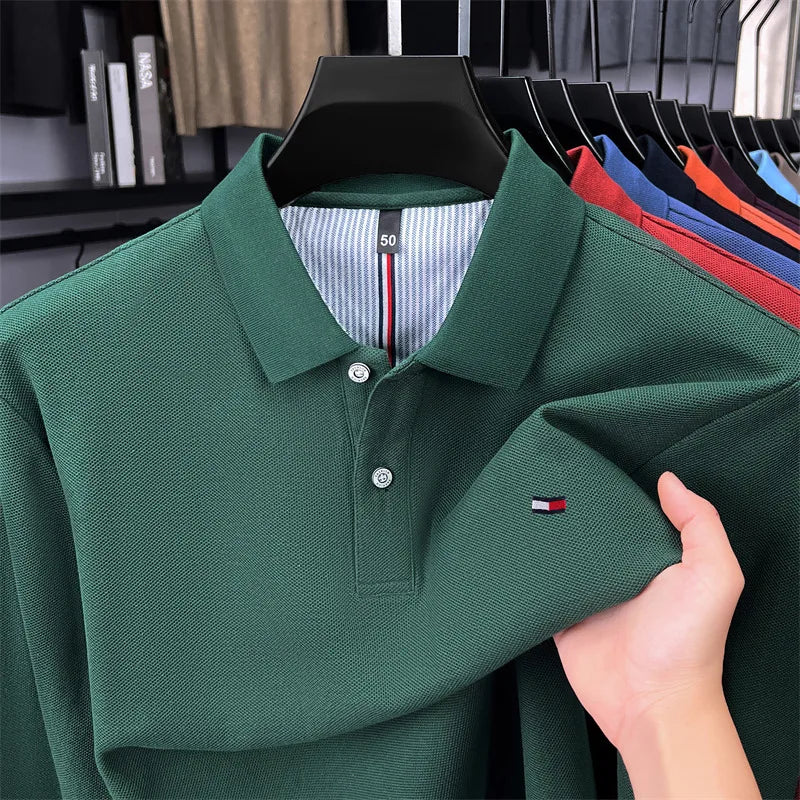 Exquisite Embroidered 100% Cotton Men's Polo Shirt High End Brand Autumn Business Trend Long Sleeve Lapel T-shirt Men's Clothing