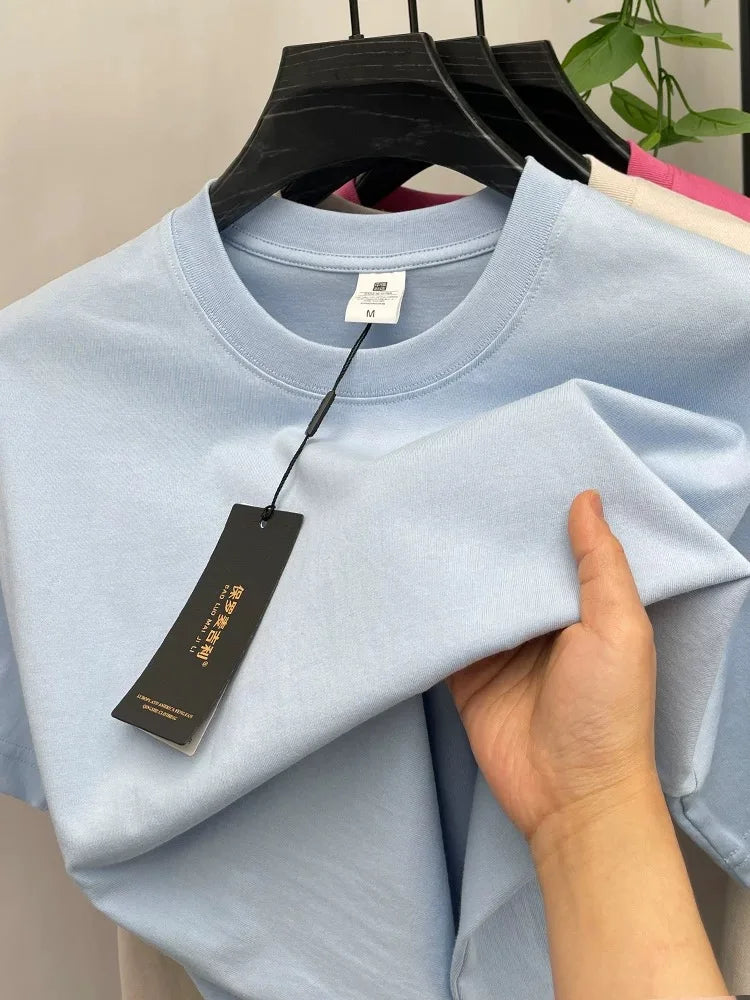 High end 100% cotton short sleeve T-shirt men summer new casual trend couple style loose solid color breathable round neck top