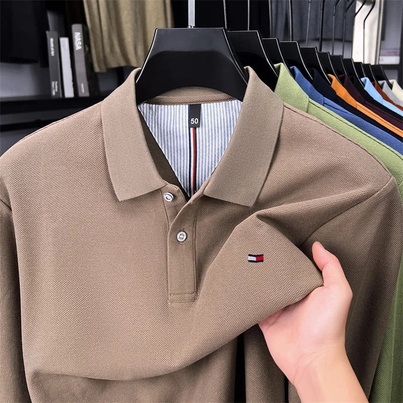 Exquisite Embroidered 100% Cotton Men's Polo Shirt High End Brand Autumn Business Trend Long Sleeve Lapel T-shirt Men's Clothing