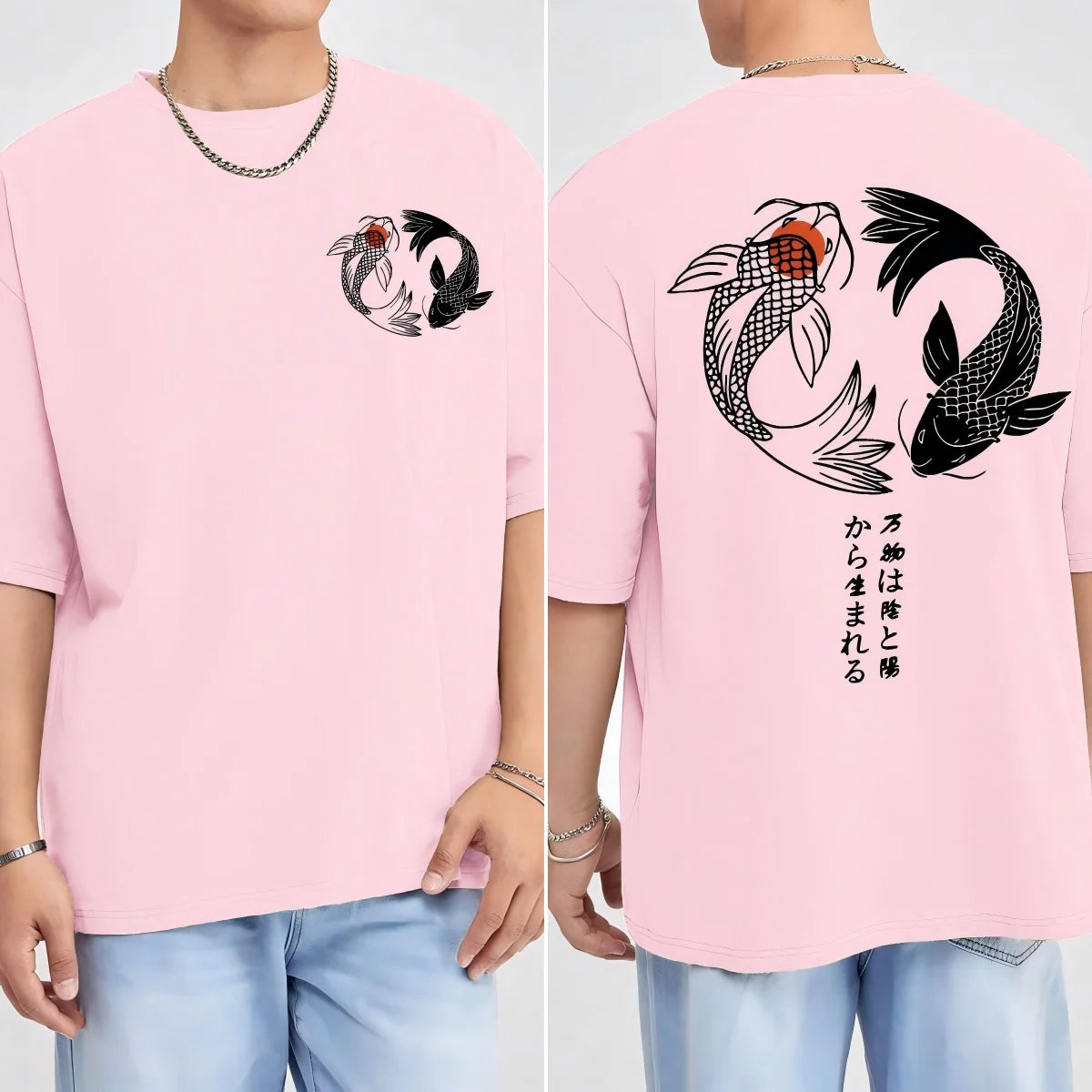 Japanese Koi Harajuku Illustration Pattern T-Shirt Men Summer Casual T Shirt Soft Fashion Short Sleeve Loose Cotton Sportswear