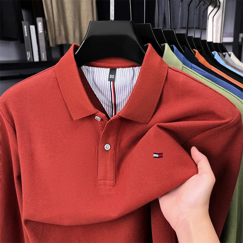 Exquisite Embroidered 100% Cotton Men's Polo Shirt High End Brand Autumn Business Trend Long Sleeve Lapel T-shirt Men's Clothing