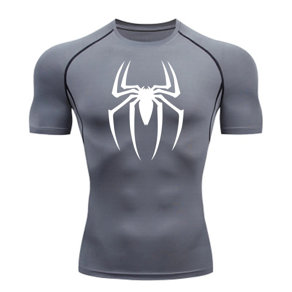 2024Men's Spider Print Compression Shirt, Quick Dry T-Shirt, Gym Running Jersey, Breathable Short Sleeve, Spring, Summer, M-3XL