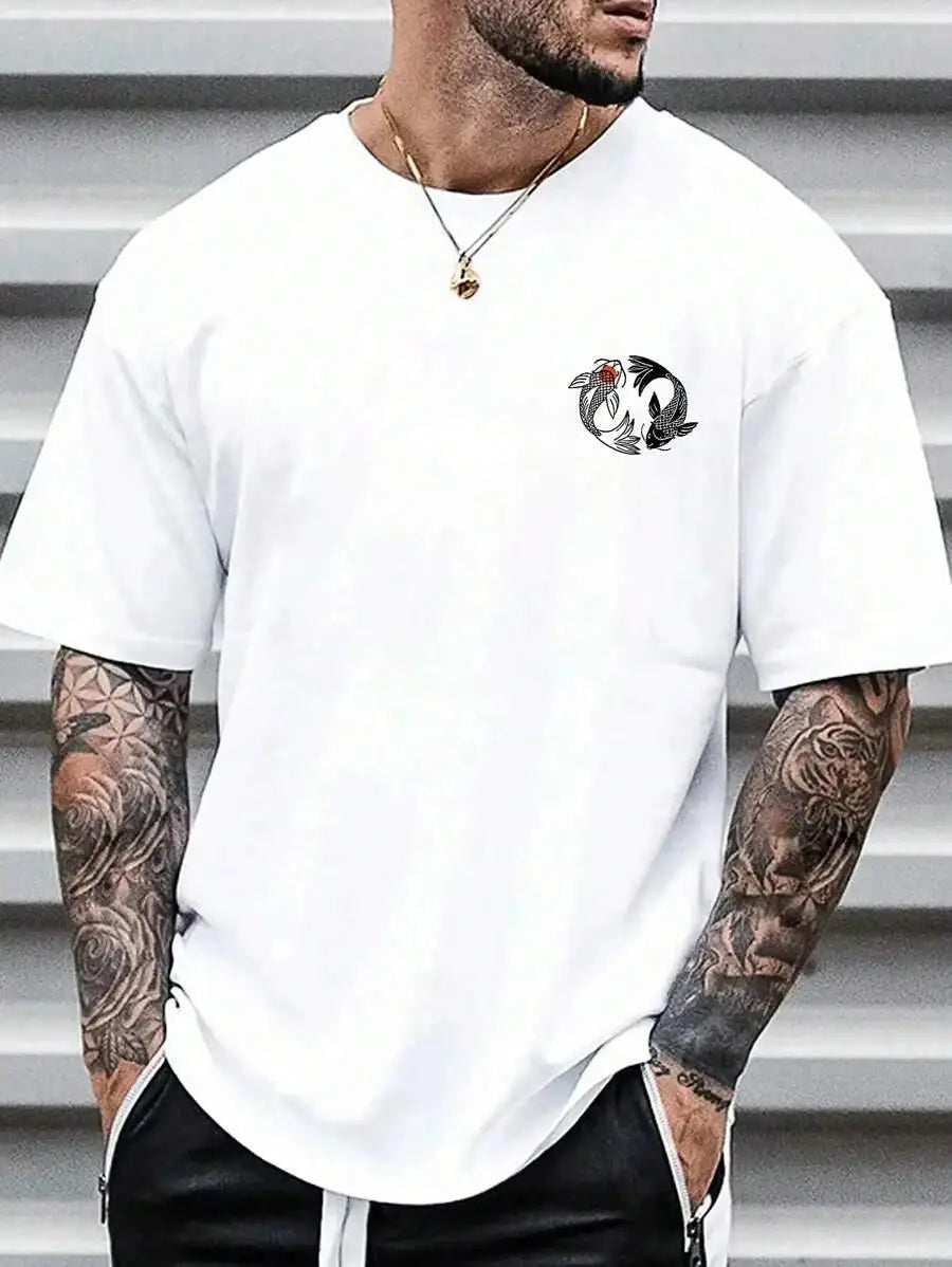 Japanese Koi Harajuku Illustration Pattern T-Shirt Men Summer Casual T Shirt Soft Fashion Short Sleeve Loose Cotton Sportswear