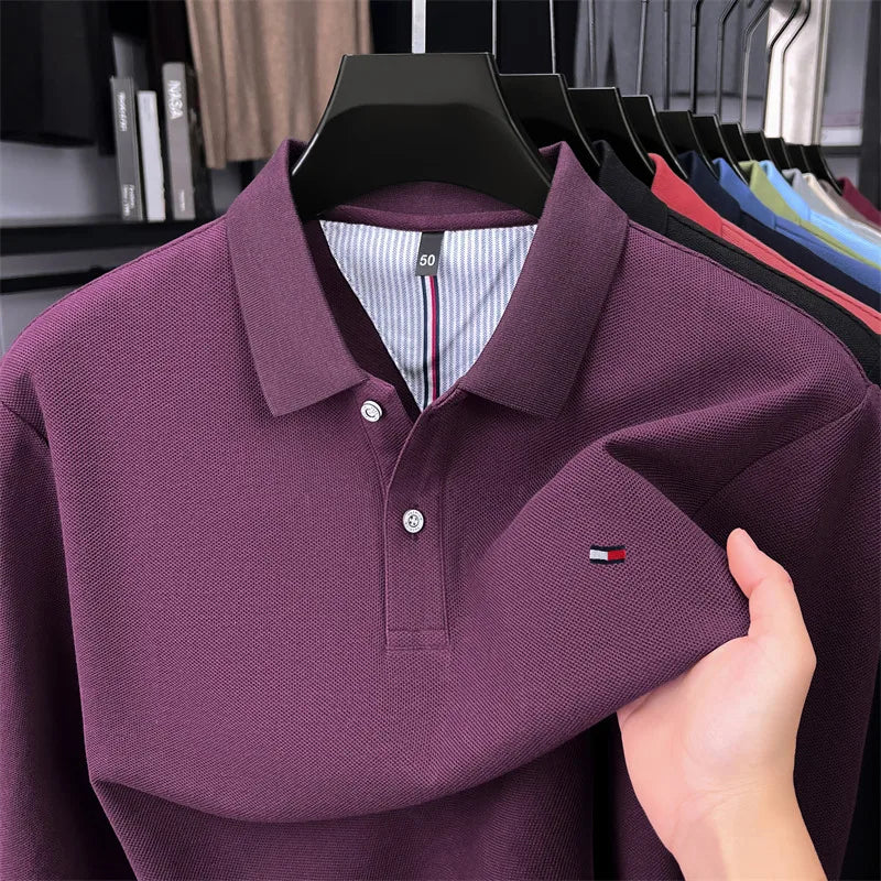Exquisite Embroidered 100% Cotton Men's Polo Shirt High End Brand Autumn Business Trend Long Sleeve Lapel T-shirt Men's Clothing