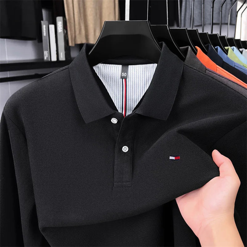 Exquisite Embroidered 100% Cotton Men's Polo Shirt High End Brand Autumn Business Trend Long Sleeve Lapel T-shirt Men's Clothing