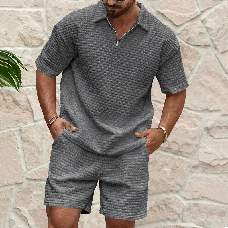 2024European and American Men's Spring and Summer Trends Youth Outdoor Lapel Small Plaid Short Sleeve Shorts Sports Suit
