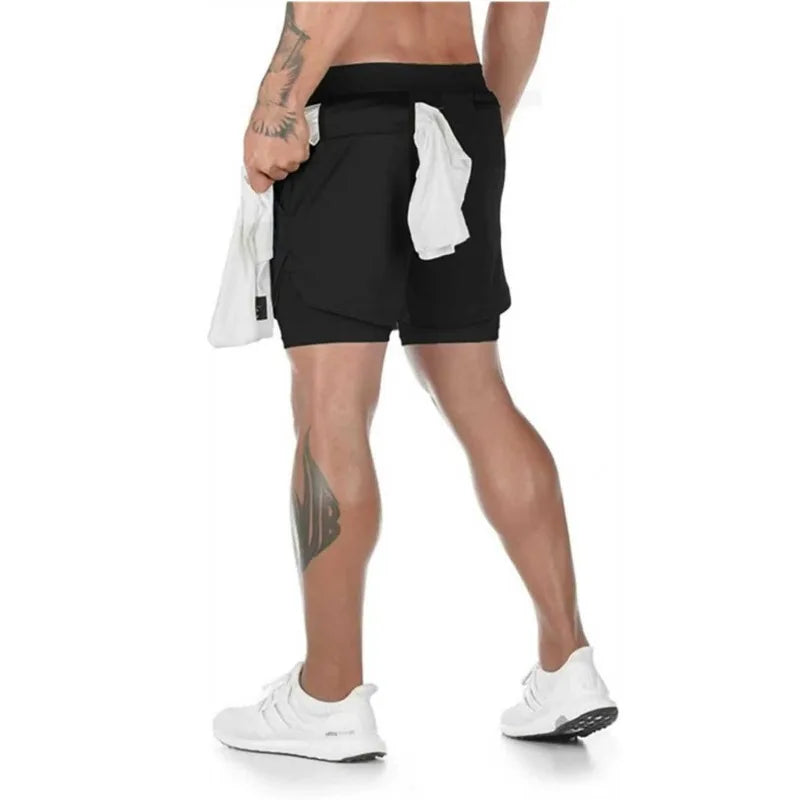 Camo 2-in-1 Running Shorts Men's Gym Fitness Training Quick Dry Short Pants Male Outdoor Sport Jogging Built-in Pocket Bermuda