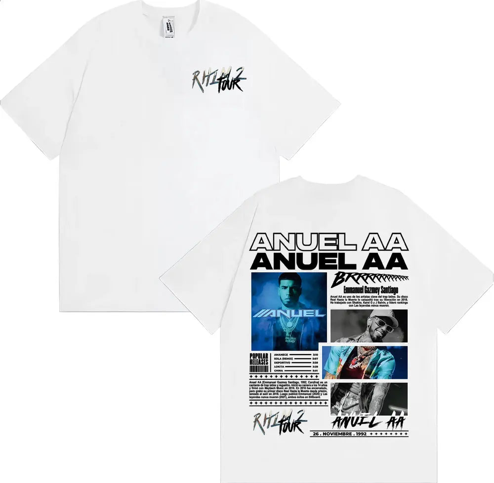 Rapper Anuel AA Rhlm 2 Album 2025 Tour T-shirts Men Women Fashion Hip Hop High Street T Shirt Cotton O-Neck Short Sleeve T-shirt