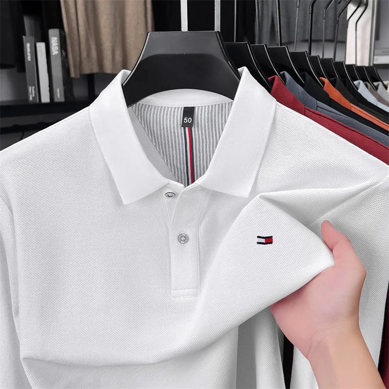 Exquisite Embroidered 100% Cotton Men's Polo Shirt High End Brand Autumn Business Trend Long Sleeve Lapel T-shirt Men's Clothing
