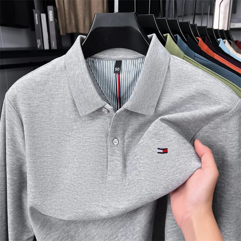 Exquisite Embroidered 100% Cotton Men's Polo Shirt High End Brand Autumn Business Trend Long Sleeve Lapel T-shirt Men's Clothing