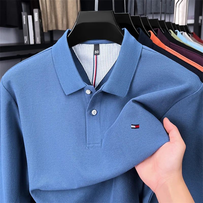 Exquisite Embroidered 100% Cotton Men's Polo Shirt High End Brand Autumn Business Trend Long Sleeve Lapel T-shirt Men's Clothing