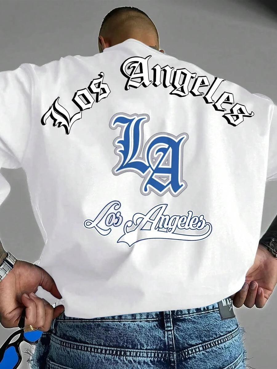 LA Letter Print Casual Graphic T-Shirt Short Sleeve Sports Women's T-shirt Unisex Casual Daily Wear Summer Men's Racing T-shirt