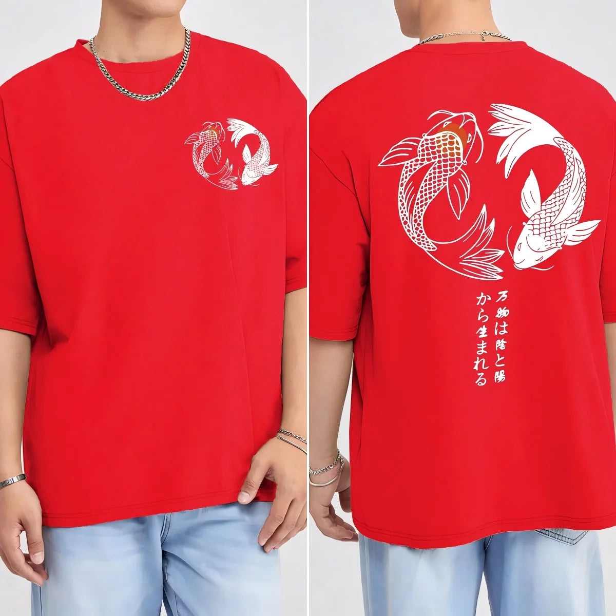 Japanese Koi Harajuku Illustration Pattern T-Shirt Men Summer Casual T Shirt Soft Fashion Short Sleeve Loose Cotton Sportswear